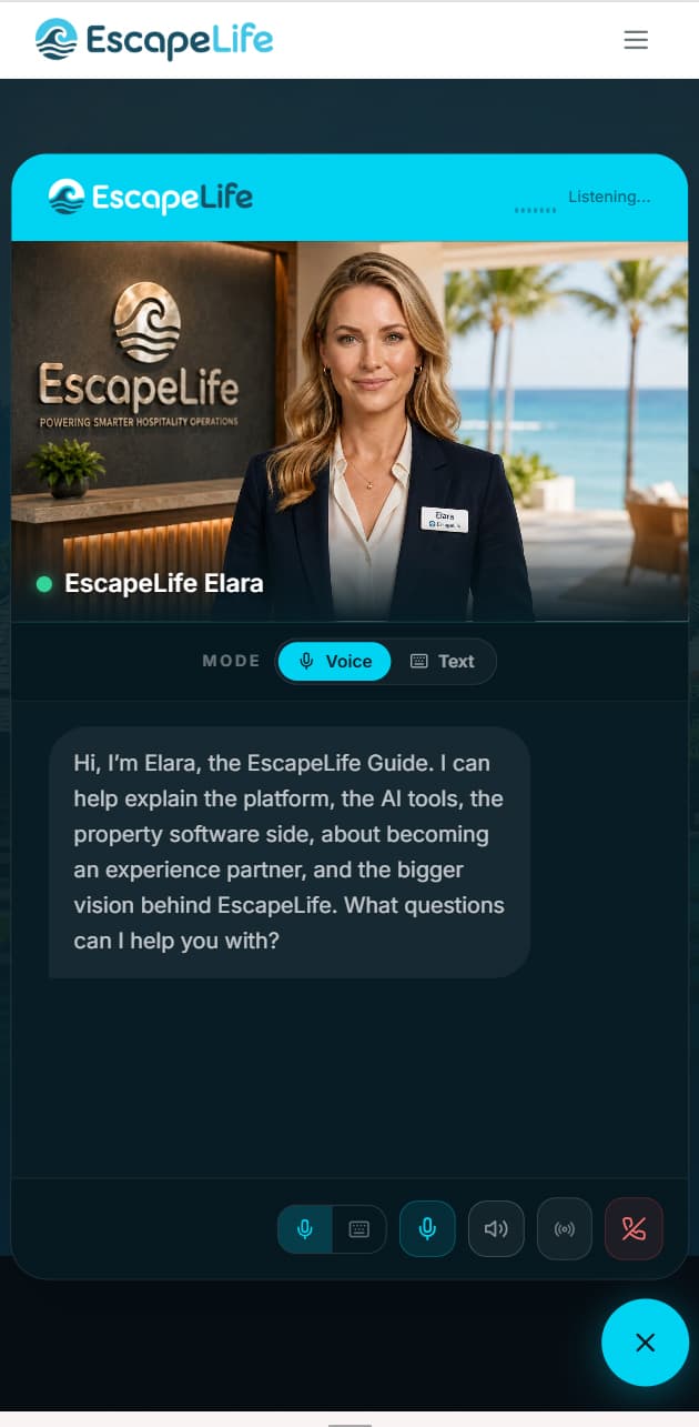 EscapeLife Elara AI concierge (mobile)